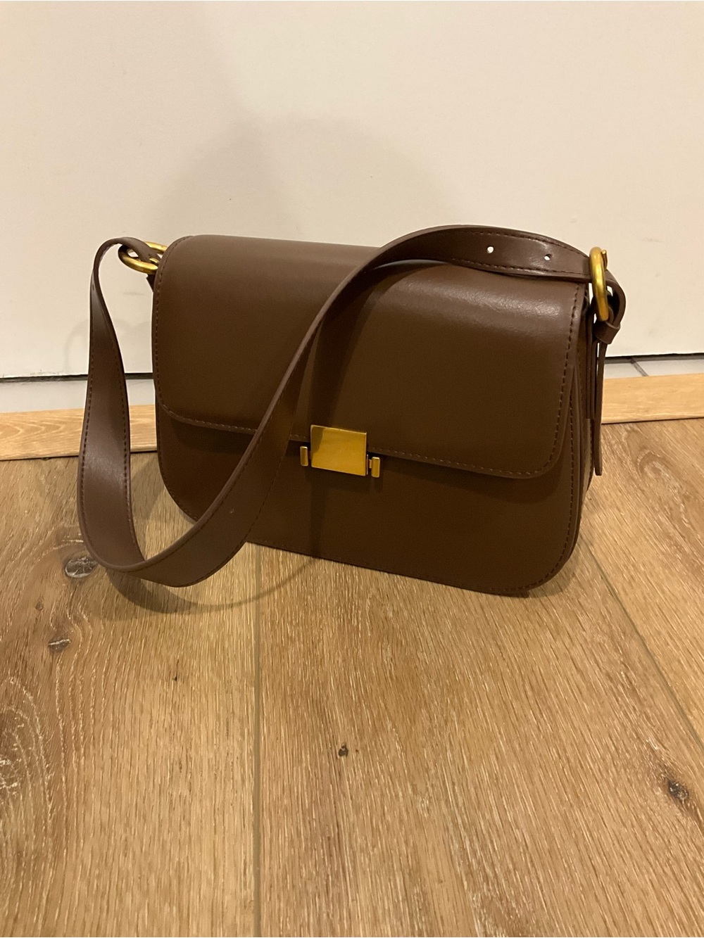 Brown Leather Shoulder Crossbody Bag with Gold Hardware
